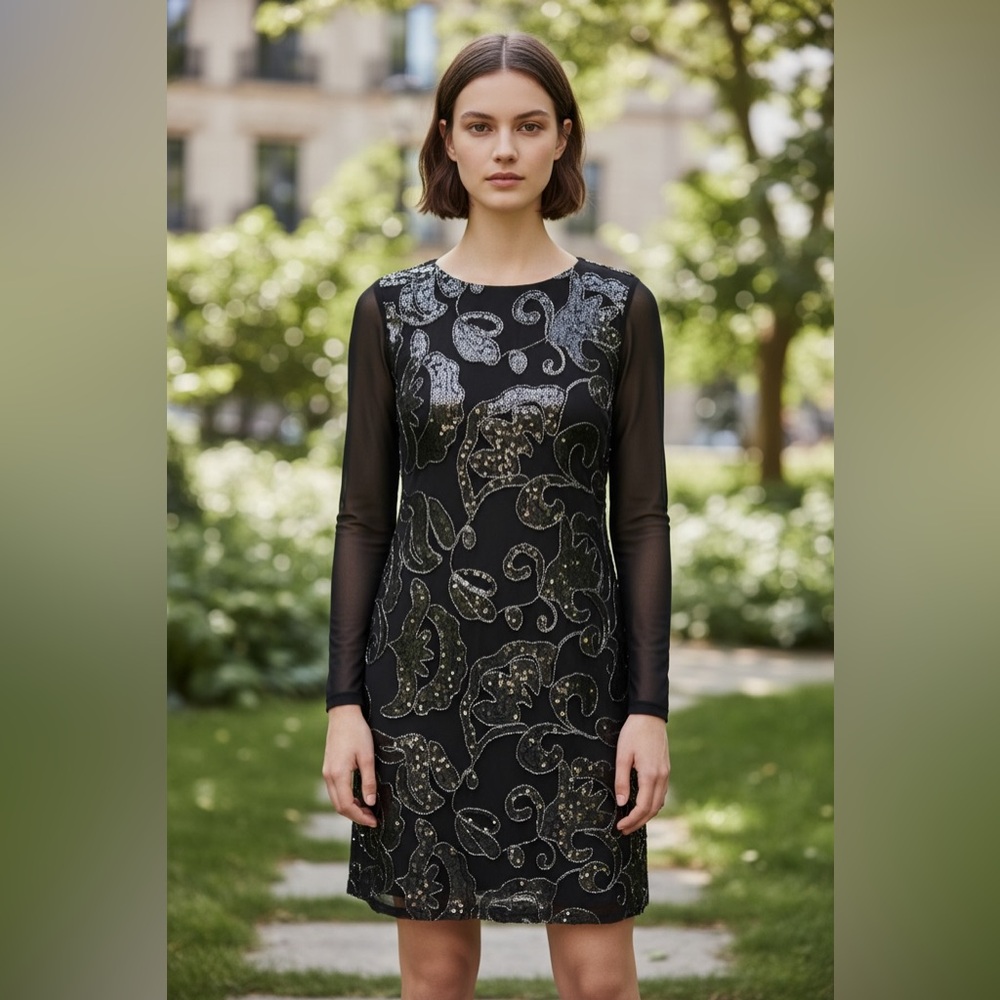 Women’s Black Sequin Lace Cocktail Dress Sheer Chiffon Sleeves
